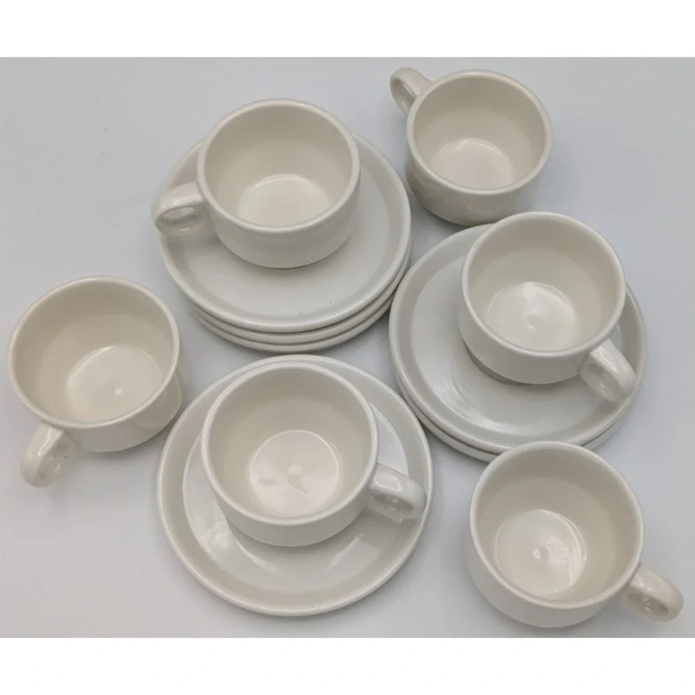 Set 6 European Espresso Demitasse 80ml 2.5 oz Cup & Saucer Modern White Stacking